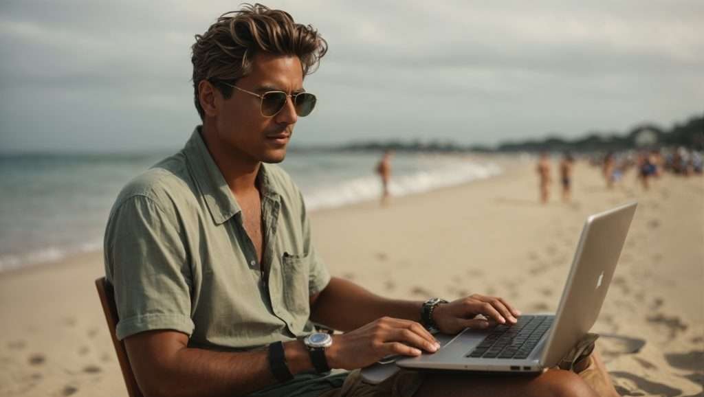 PhotoReal a man on the beach with a computer 0